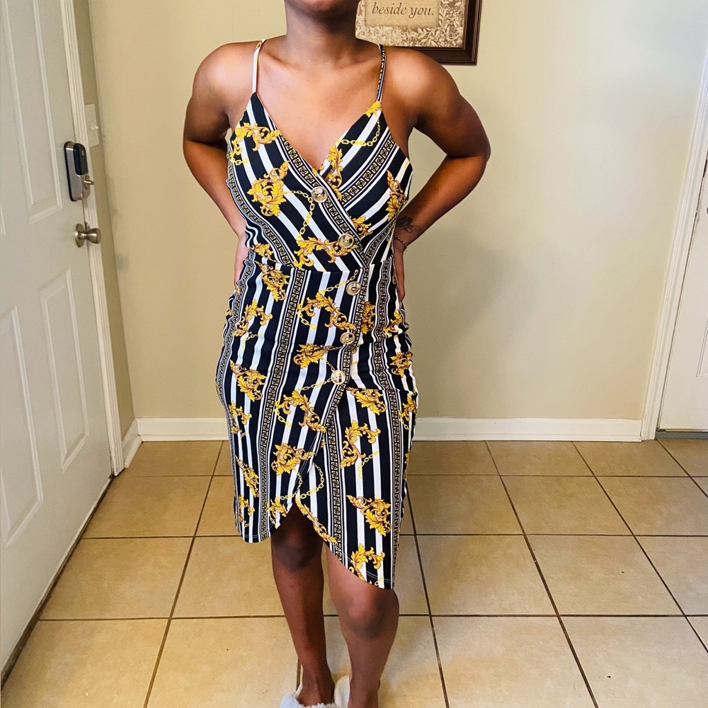 Black and White Striped Wrap Dress With Gold Print